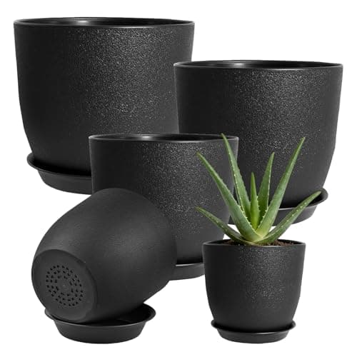 Image of TEYIAN 5 Pack Plant Pots Indoor Plastic Flower Pots with Drainage Holes and Saucers Modern Decorative Planters Succulent Indoor Outdoor Plants(Black)