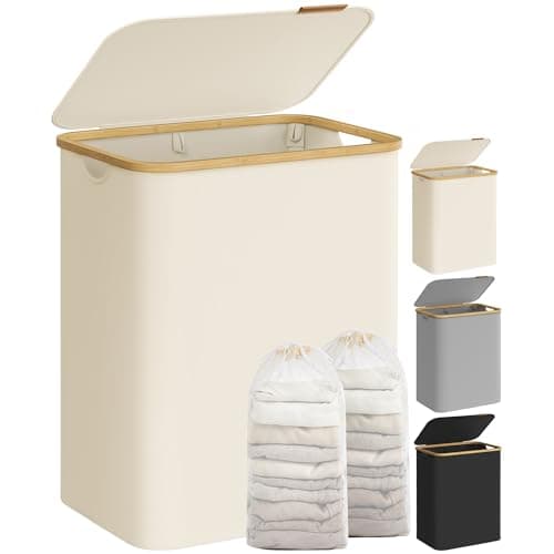 Image of SONGMICS Laundry Basket with Lid, 2-Section Large Laundry Hamper, 130L, Removable Mesh Liner, Oxford Fabric, Bamboo Handles, Collapsible, 52 x 38.5 x 70.5 cm, Cream White LCB513W01