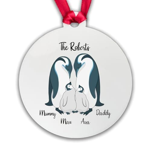 Image of Personalised Penguin Bauble - New Baby - Family Bauble Christmas Tree Gift - White (2 Children, Decoration with Gift Box)