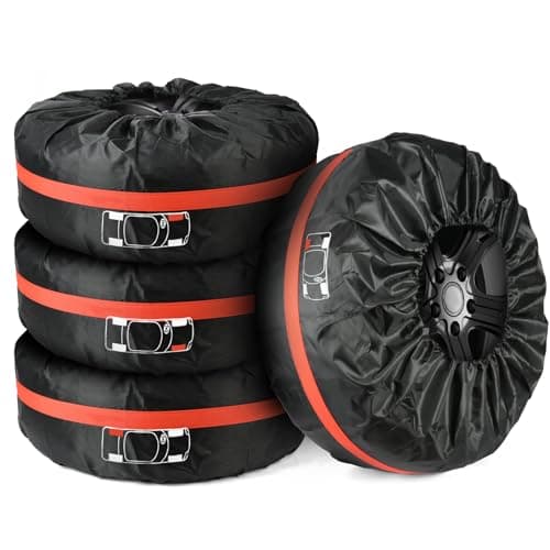 Image of Adiwo Car Spare Tire Covers 4 Pack, 13-18 IN Tyre Bag Set, Diameter 66cm Wheel Protection Cover, Tyre Bags with Handle, Waterproof Dustproof Auto Spare Tires Storage Bags for Car UV SUV Truck Black S
