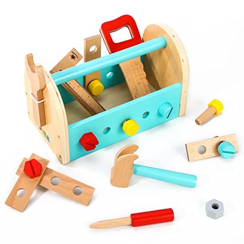 Image of SOKA My First Toolbox Carpenter Wooden Building Tools Play Set Construction Wood Craft Pretend Play Builder Woodwork Preschool Learning Toy for Kids Children Boys Girls Ages 3 year old +