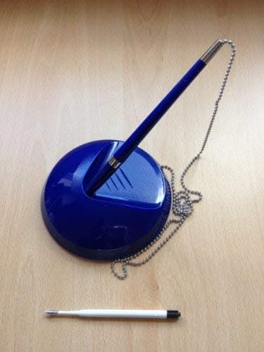 Image of Blue Counter Pen Set Reception Pen Desk On Chain With Stand + Free Refill