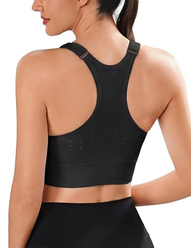 Image of Litherday Women's Sports Bra High Impact Racer Back Breathable Mesh Support Bra Wireless Adjustable Removable Padding Running Gym Yoga Crop Tops Black L