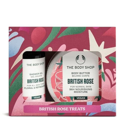 Image of The Body Shop British Rose Treats Gift Set, Shower Gel 60ml, Body Butter 50ml, Floral Body Care Duo for Normal Skin, Cleansing, 96hr Moisture, Softening Glow, Vegan Skincare Gift