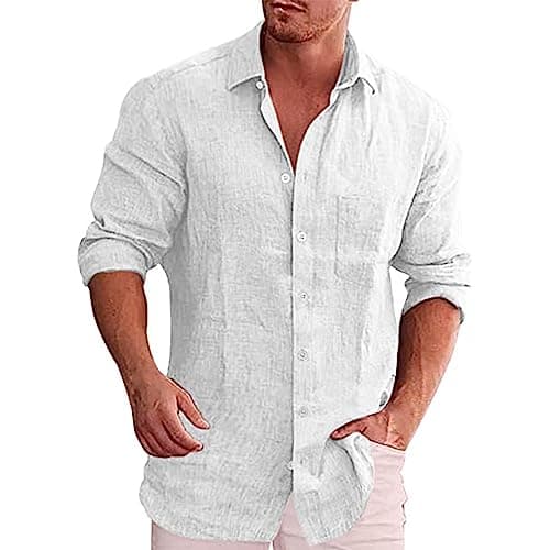 Image of Men's Casual Button Down Shirt Long Sleeve Linen Chambray Shirt Big and Tall Regular Fit Lightweight Solid Plain Casual Tee Shirts Tops White