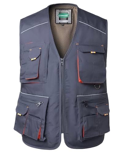 Image of KTWOLEN Men's Work Tool Vest Carpenters Multi-Pocket Safety Vests Mechanics Sleeveless Work Gilet, Grey, XXL