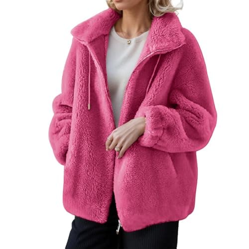 Image of Womens Chunky Fleece Hoodie Jacket Sherpa Lined Full Zip up Winter Warm Soft Teddy Fleece Hooded Sweatshirt Fluffy Ladies Cashmere Jumpers Sweater Coat Plus Size Cardigan Hot Pink XL
