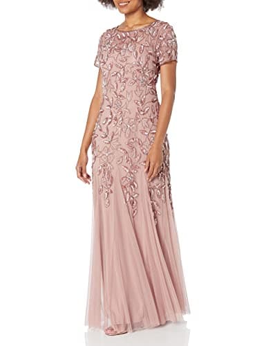 Image of Adrianna Papell Women's Floral Beaded Godet Gown Formal Night Out Dress, Rose Gold, 12