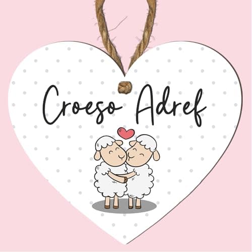 Image of Croeso Adref Heart Plaque | Welsh Welcome Home Sign | Choose Sheep or House Design | Wooden Hanging Wales Themed Sign | Handmade Indoor Welsh Gift (Sheep)