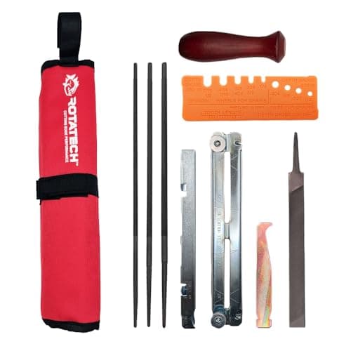 Image of Rotatech Chainsaw Chain Sharpening Kit. Chainsaw Chain Sharpener with 5/32" (4mm), 3/16" (4.8mm) & 7/32" (5.5mm) Round Files, Handle, Flat File, Filing Guide & Pouch.