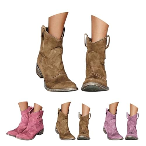 Image of Wide Fit Suede Ankle Boots Women Size 6 Western Round Toe Low Heel Booties Slip On Mid Calf Comfortable Walking Shoes Casual Lightweight Retro Classic Short Cowgirl Cowboy Boots Brown
