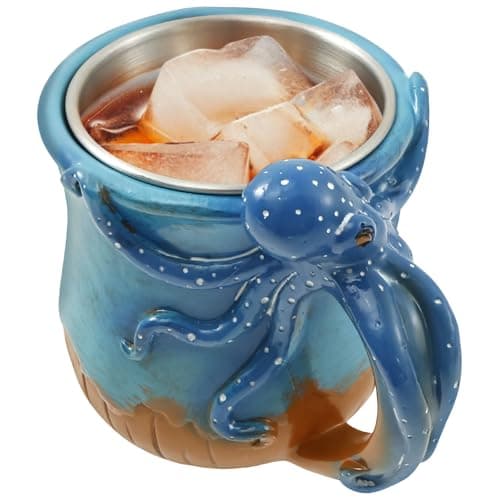 Image of VAVPUP 3D Octopus Shaped Resin Coffee Mug with Tentacle Handle,14oz Ocean-Themed Sculpted Cup,Blue Glaze & White Speckles,Non-Fade Decorative Mug for Marine Lovers,Office & Home Decor Gift(Blue)