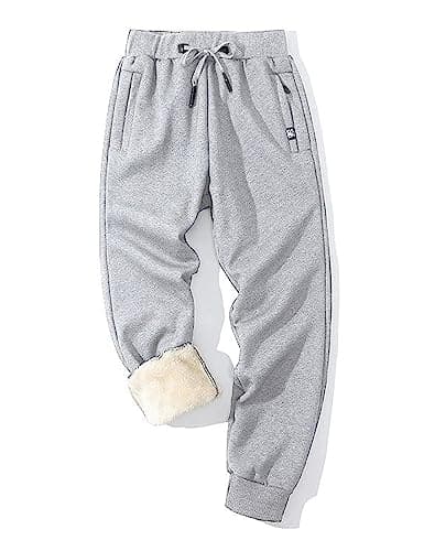Image of Sukany Men's Winter Casual Sherpa Lined Sweatpants Warm Fleece Drawstring Stretchy Loose Athletic Track Jogger Pants Light Grey Ribbed XL
