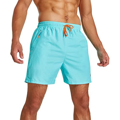Image of JustSun Mens Swim Shorts with Zip Pockets Swimming Shorts Board Shorts Quick Dry Beach Swim Trunks Surf Shorts Mesh Lining Light Blue Large