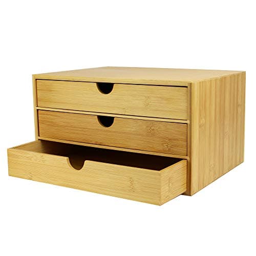 Image of Bamboo Desktop Drawer Organiser – 3 Drawers Storage Unit for Stationery, Office Supplies, Makeup & Desk Tidy | Eco-Friendly Wooden Storage Box | M&W