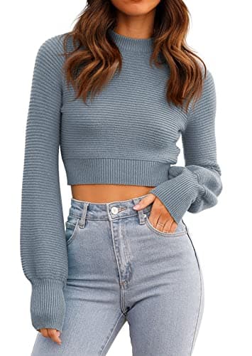 Image of GeGekoko Womens Jumpers Sweatshirt Sexy Crew Neck Cropped Sweaters Ribbed Knit Long Sleeve Crop Tops Pullover Grey