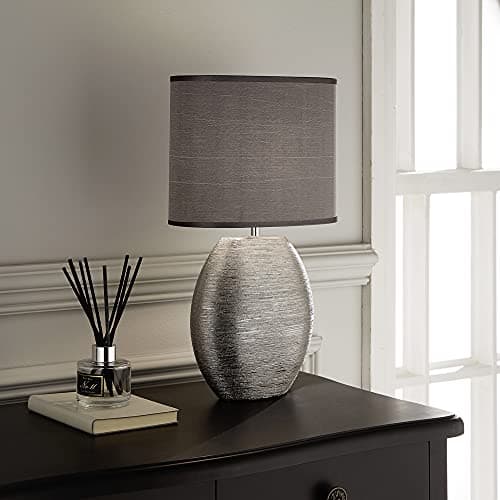 Image of K LIVING Waltham Brushed Silver Ceramic Table Lamp Complete with Satin Shade