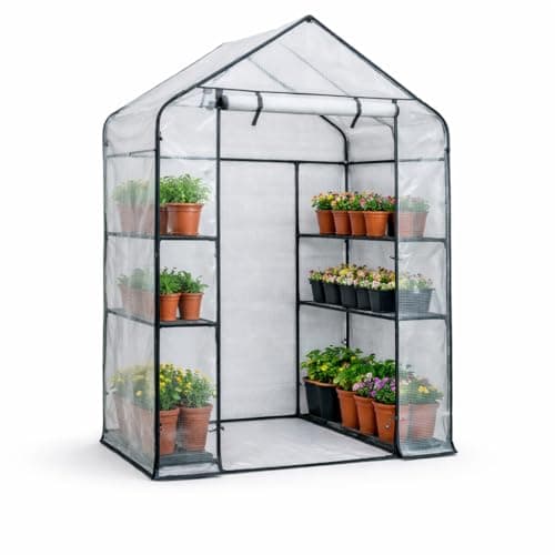Image of Walk-In Greenhouse with Shelves – Heavy Duty Portable Grow House for Small Gardens, UV Cover, Steel Frame, Zip Door – Ideal for Seedlings, Herbs & Vegetables (143x73x195cm)