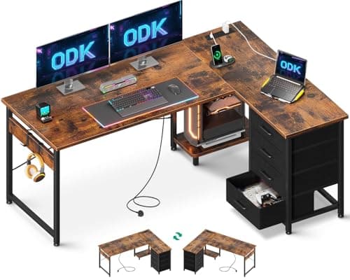 Image of ODK Corner Desk with Drawers, Reversible L Shaped Computer Desk with Power Outlet, Office Desks with USB Charging Port and Host Stand for Home Office Vintage Brown, 135×100cm