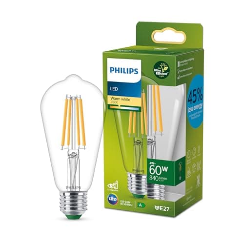 Image of Philips Classic ultra-efficient LED bulb with energy efficiency class A, E27 base, replaces 60W, clear, warm white light, edison shape