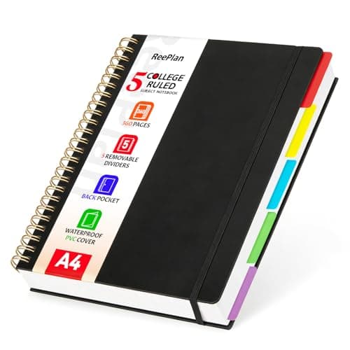Image of ReePlan 360 Pages A4 Spiral Notebook, 5 Subject Notebooks College Ruled, 100 GSM Thick Paper Lined Journal, Large Note Book with Removable Dividers for School, Office, Work and Writing (Black)