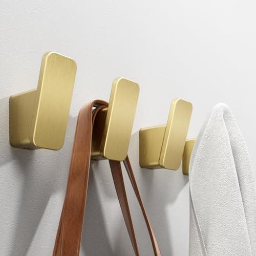 Image of 4-Pack Brushed Gold Towel Hook for Bathroom, Robe Coat Hook, Heavy Duty Wall Hooks for Hanging Bag Hat Mudroom Bedroom, No Drill Hanger with Glue or Mount with Screw, Holder Back of Door Outdoor