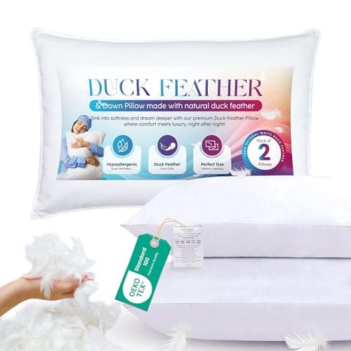 Image of Sunshine Comforts Duck Feather Pillows (2 Pack) –1200GSM Luxury Bed Pillows for Sleeping (50X75cm), Soft for All Sleep Positions – Breathable, Washable & Hypoallergenic UK Standard Size