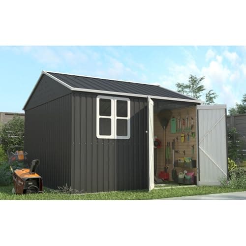 Image of BIRCHTREE Garden Shed Steel Apex Roof House Outdoor Backyard Storage With Lockable Double Doors Window Free Foundation Tool Equipment Organizer Air Vents 10x8FT Anthracite