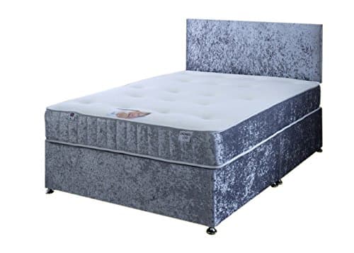Image of 4FT Small Double Silver Crushed Velvet Divan Bed Set Including Luxurious Sprung Memory Foam Mattress And Headboard