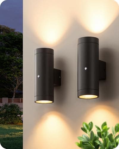 Image of EDISHINE Dusk to Dawn Outdoor Wall Lights, Up Down Lantern Porch Light, IP44 Aluminum Matte Black, Indoor Wall Sconce with Clear Tempered Glass Shade, for Patio, Terrace, Hallway, Garage, 2 Pack