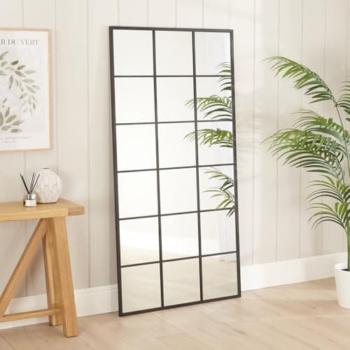 Image of Industrial Full Length Floor Standing Leaner Window Mirror 180 x 90cm | Extra Large Rectangular Black Metal Frame | Vertical or Horizontal Wall Mountable | Safety Glass | Hallway, Bedroom, Living Room