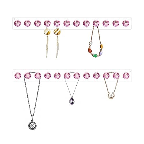 Image of Baoswi 2 Pack Necklace Hangers Acrylic Necklace Holder Wall Mounted Jewellry Organiser Hanging with 12 Diamond Shape Hooks, Gift for Girls Women (Pink)