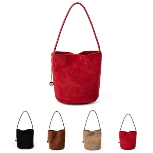 Image of Suede Bucket Bag for Women Crossbody Handbags Tote Slouchy Purses Shoulder Handbag Mini Top-handle Tote Handbag(Red)