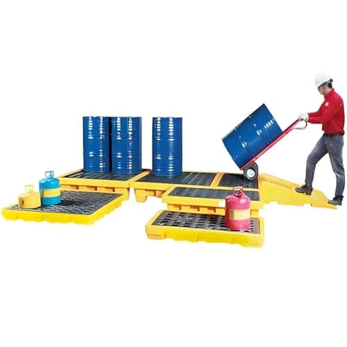 Image of Industrial Oil Drum Spill Tray - 45L Spill Containment Pallet with Drain, Modular Sump Platform for Garage & Basement, Yellow - 140L Capacity, 72x72x16 cm, 130x68x30 cm