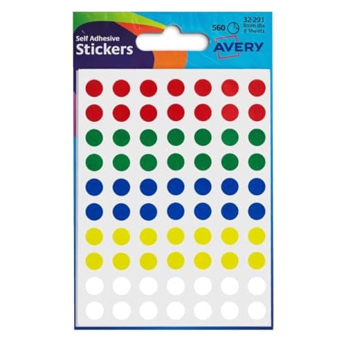 Image of Avery Hand writable, Easy to use, Dot Stickers, 8mm, Multi Coloured, 70 Stickers per Sheet, 560 per Pack (32-291)