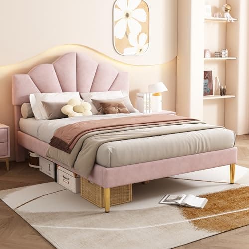 Image of BTM Upholstered Double Bed, 4FT6(135 * 190cm) Double Bed Frame, Shell-like Velvet Bed with Golden Iron Legs & Height-adjustable Headboard, Wooden Slatted Double Bed Frame, Pink