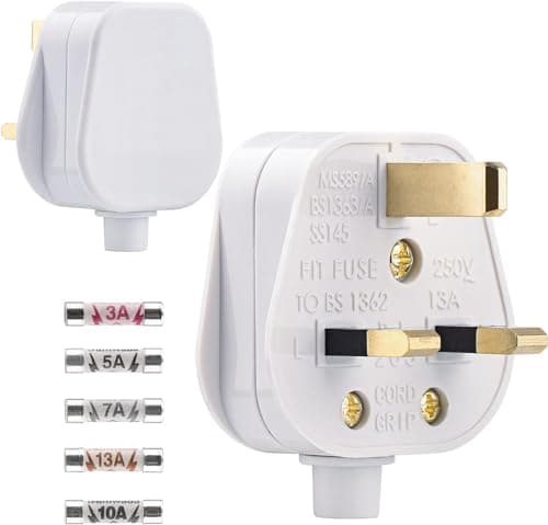 Image of 2 Pack 3 Pin Plug UK 13 Amp Plugs Fused Mains Plugs White Plug with 3A 5A 7A 10A 13A Domestic Fuses Kit