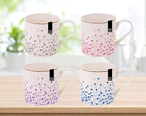 Image of Shop4allsorts Set of 4 Heart Print Mugs 12oz New Bone China Coffee Tea Cappuccino Drinking Mugs Cup Set