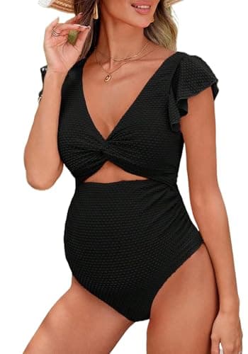 Image of FEOYA Women Maternity Beach Bikini One Piece Swimwear Pregnancy Front Cross Bathing Suits with Adjustable Shoulder Straps L Black