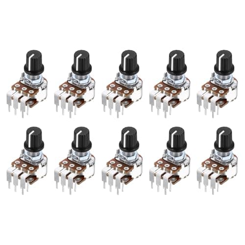 Image of sourcing map 10Set WH148 B10K Ohm Potentiometer Kit, 6-Pin 15mm Shaft Dual Taper Rotary Linear Potentiometer with 15x15mm Black Plastic Knob for Audio Volume Control Motor Speed Regulation