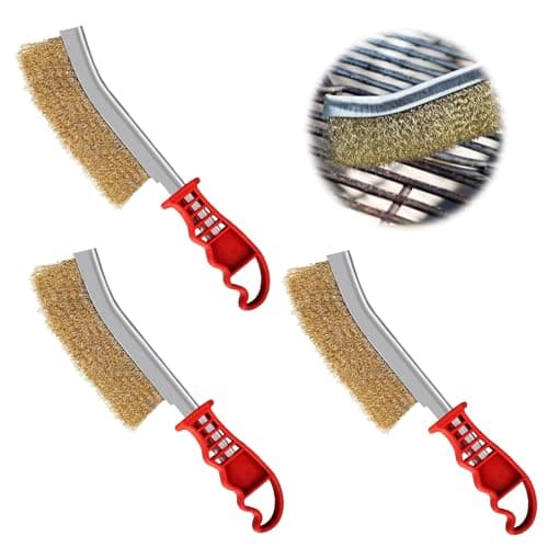 Image of Pack of 3 Brass Brush Grill, Brass Brush, Grill Brush, Brass Brush, Grill Cast Iron, Hand Wire Brush, with Curved Plastic Handle for Cleaning Weld Slag and Rust