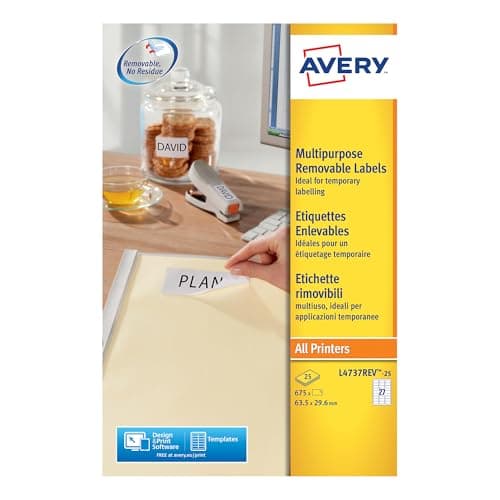 Image of Avery Removable, Printable, Multi Purpose Labels, Multi surface, 63.5 x 29.6 mm, White, 27 Labels per sheet, 675 Blank labels per pack (L4737REV-25)