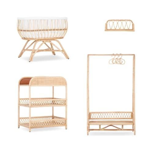 Image of CuddleCo Aria 4Pc Rattan Nursery Furniture Set - Baby Crib, Changing Unit, Clothes Rail & Shelf - Open Storage Nappy Changer Station & Clothing Rack - Handmade Nursery Furniture