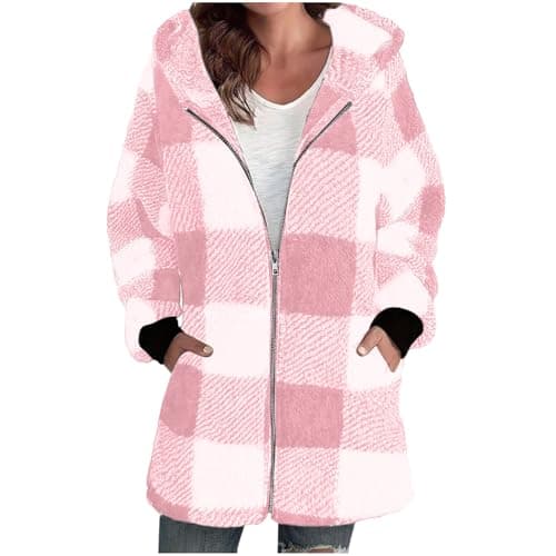Image of Flodxo Flannel Fleece Jacket Women Plaid Teddy Winter Coats-Full Zip,Long Sleeve,Checkered,Hooded,Sherpa,Shacket,Warm,Cosy,Oversized,Fuzzy,Plush,Thermal,Overcoat,Pink,L