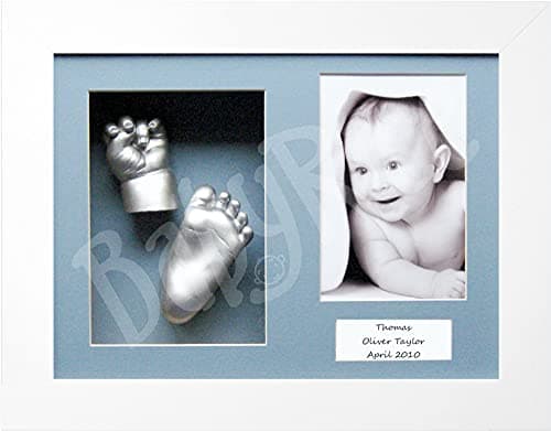 Image of BabyRice Baby Casting Kit with White 12x9 Shadow Box Display Frame, Silver Paint for Hand, Foot Casts (Blue/Blue)