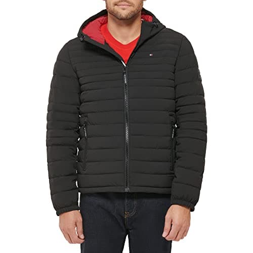 Image of Tommy Hilfiger Men's Stretch Poly Hooded Packable Jacket, Black, M