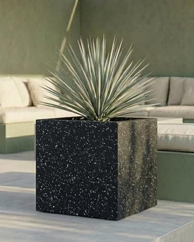 Image of IDEALIST 40cm Square Planter | Black Terrazzo Effect Reinforced Stone Flower Box Outdoor Plant Pot | Garden Planters with Drainage Holes L40 W40 H40 cm, 65 litres