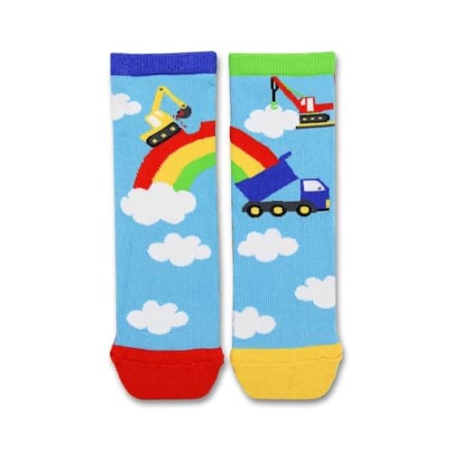 Image of United Oddsocks Sky Odd Pair for Kids – 1 Mismatched Pair of Construction & Rainbow Socks – UK 9–12, EUR 27–30, US 9.5–13 – Colourful Cotton Rich Socks for Kids Who Love Vehicles