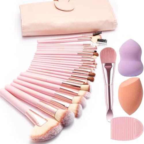 Image of NEVSETPO Makeup Brushes, Quality Make Up Brushes 28Pcs Makeup Brushes Set Professional & Beginner Make-up Sets & Case, Brushes & Sponges,Travel-Friendly Roll-up Beauty Gift Sets for Women, PINK