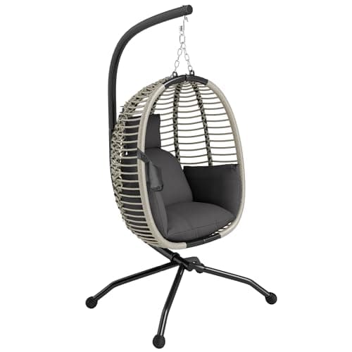 Image of Outsunny Outdoor Swing Chair with Thick Padded Cushion, Patio Hanging Egg Chair with Metal Stand, Foldable Basket, Cup Holder, Rope Structure for Indoor & Outdoor, Dark Grey